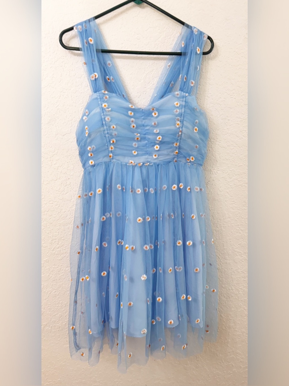 Unique Vintage - Light Blue Floral Mesh Tulle Party Dress - L - Picture 1 of 15